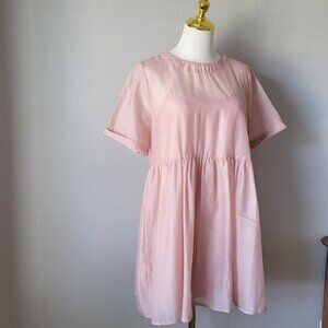 Sheer Pink Babydoll Dress with Lining – Flowy Short Sleeve Mini Dress